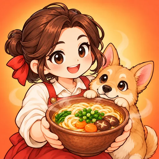 멸치국수 그릇을 든 큰언니와 강아지 초롱이